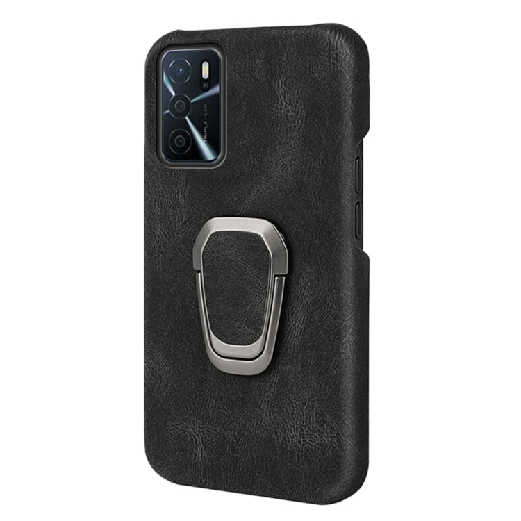 Black PU phone case with metal ring grip on back