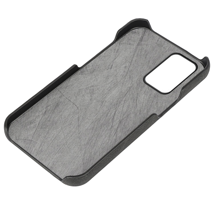 Gray PU phone case with access cutout and curved edges