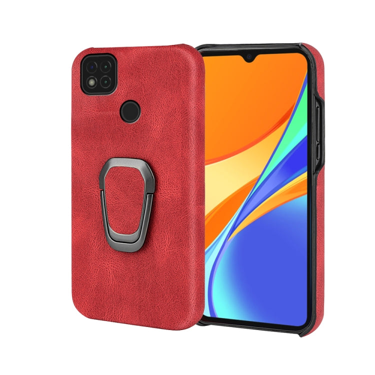 Red PU phone case with built-in ring holder and camera cutouts, open for phone view
