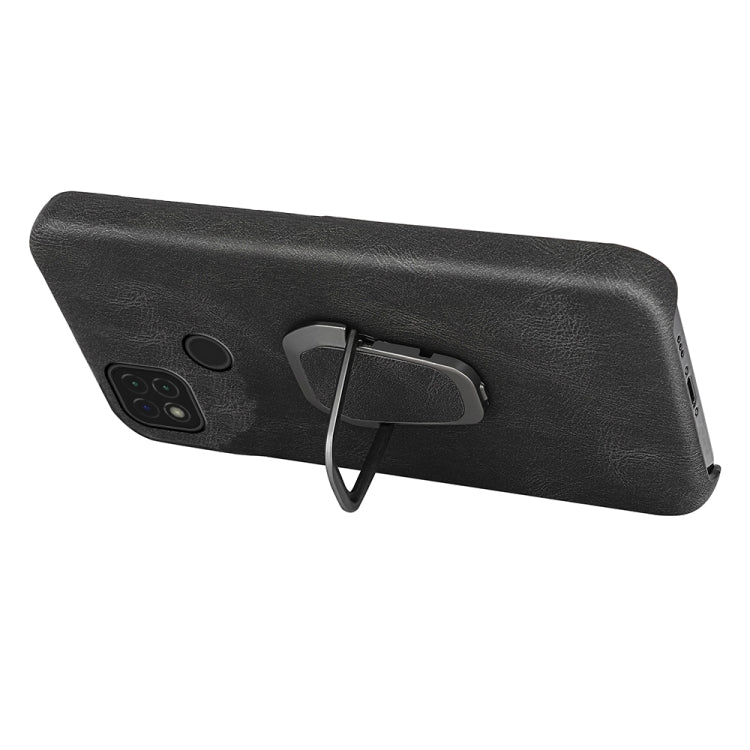 Black PU phone case with ring holder and camera cutout, side angle view