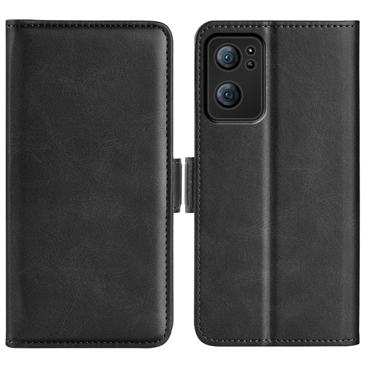 Black leather flip phone case with magnetic clasp, camera cutout, and card slot side
