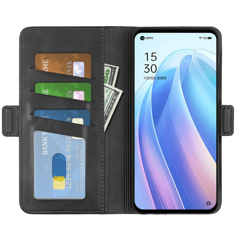 Black leather flip phone case with card slots and holder, open to show interior