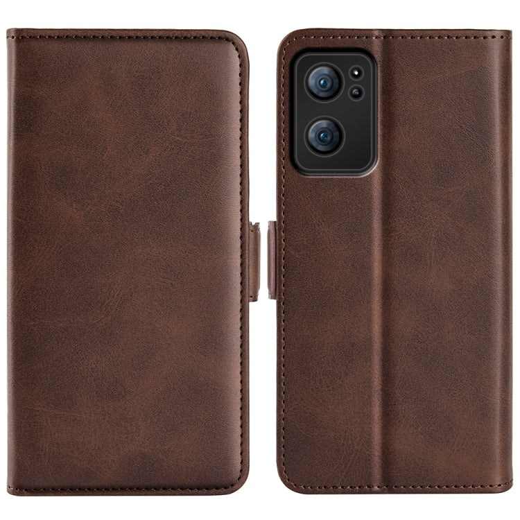 Brown leather flip phone case with magnetic clasp and camera cutout