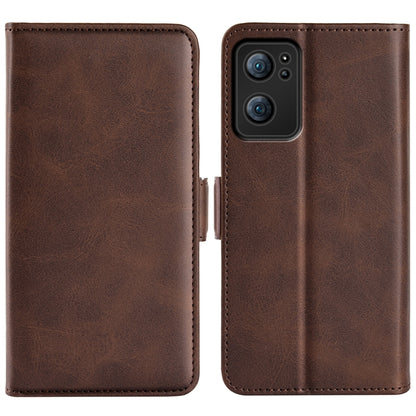Brown leather flip phone case with magnetic clasp and camera cutout