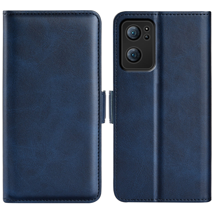 Dark blue leather flip phone case with magnetic clasp and camera cutout