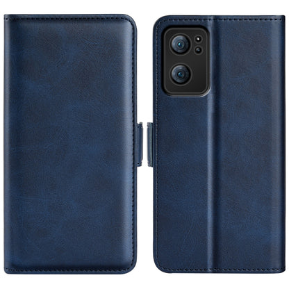 Dark blue leather flip phone case with magnetic clasp and camera cutout