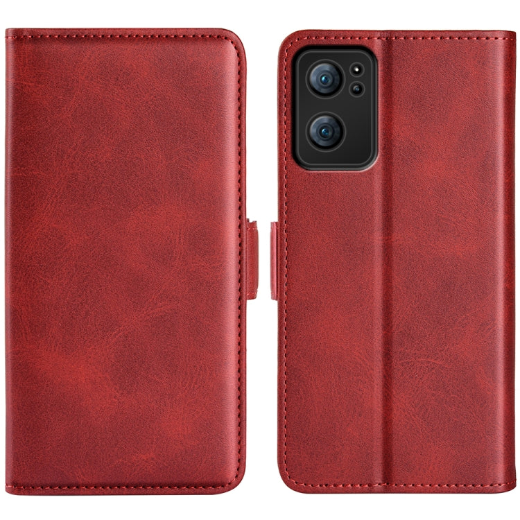 Red leather flip phone case with magnetic clasp and camera cutout