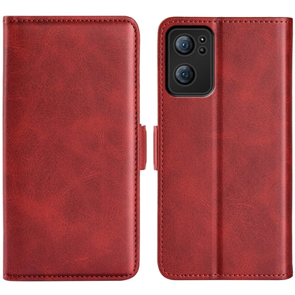 Red leather flip phone case with magnetic clasp and camera cutout
