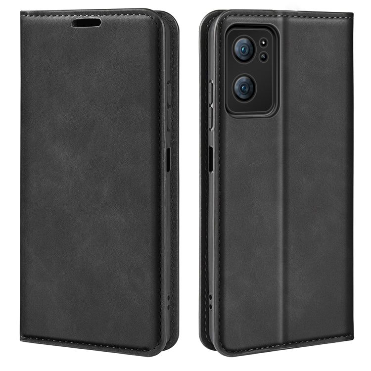 Black leather folio phone case with magnetic closure, side cutouts and stitched edges