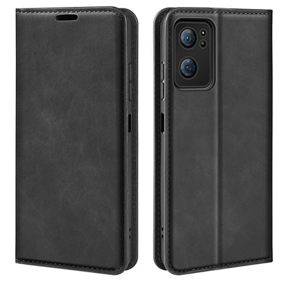 Black leather folio phone case with magnetic closure, side cutouts and stitched edges