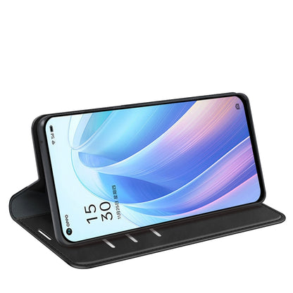 Black leather folio phone case standing on kickstand, with viewing cover on front