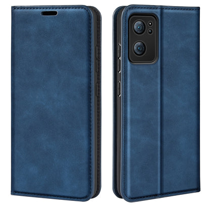 Dark blue leather folio phone case with stitched edges, magnetic closure, and camera cutout