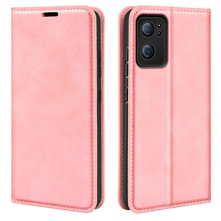 Pink leather folio phone case with stitched border, magnetic closure, and camera opening