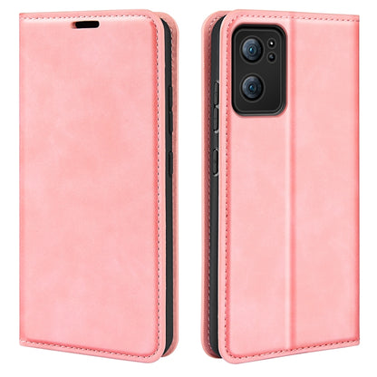 Pink leather folio phone case with stitched border, magnetic closure, and camera opening