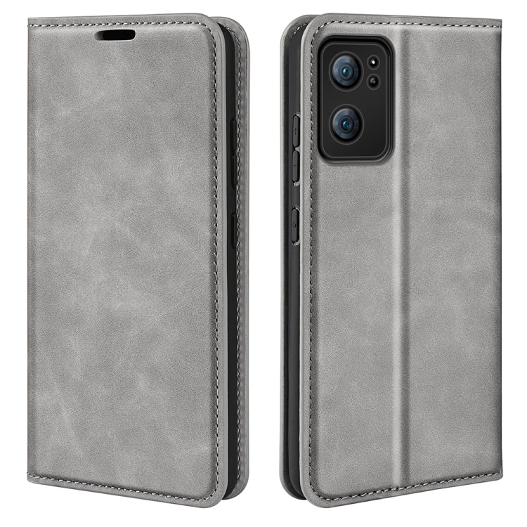 Grey leather folio phone case with stitched edges and dual-camera cutout on back