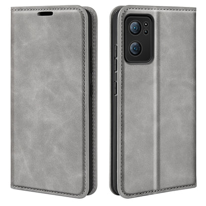 Grey leather folio phone case with stitched edges and dual-camera cutout on back