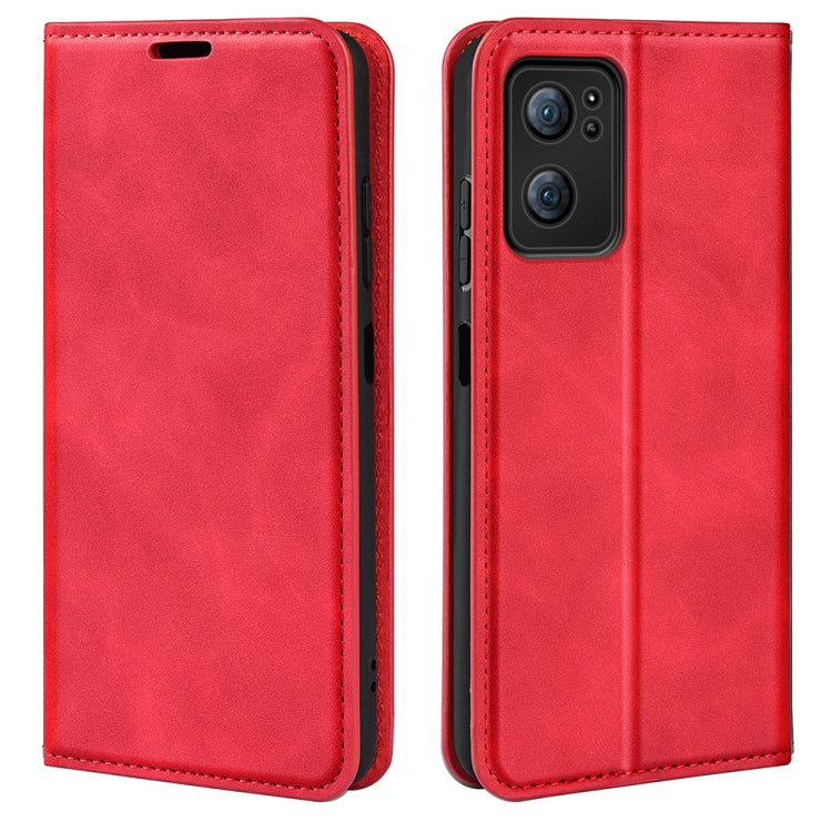 Red leather folio phone case with stitched border, magnetic closure, and dual-camera opening