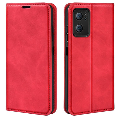 Red leather folio phone case with stitched border, magnetic closure, and dual-camera opening