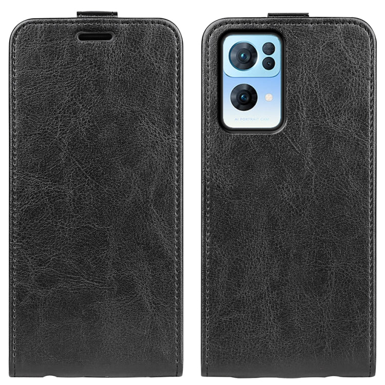 Black leather vertical flip phone case with camera cutout and magnetic flap