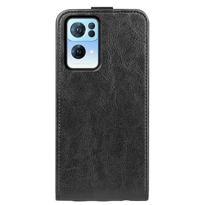 Black leather vertical flip phone case with camera cutout and side buttons