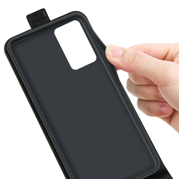 Black leather vertical flip phone case back cover with cutout opening