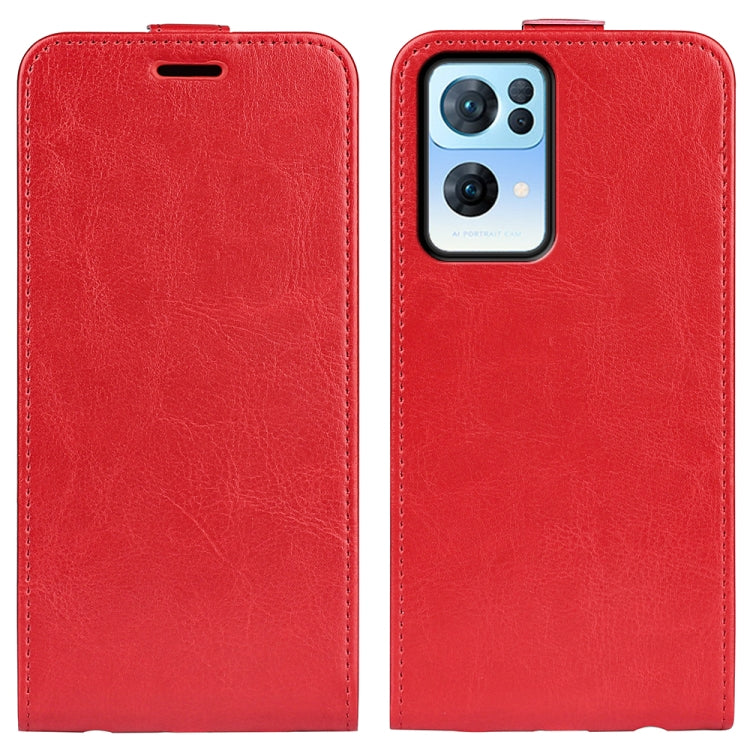 Red leather vertical flip phone case with camera cutout and button cutout