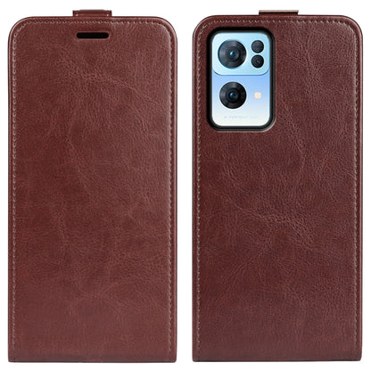 Brown leather vertical flip phone case with camera cutout and stitched border