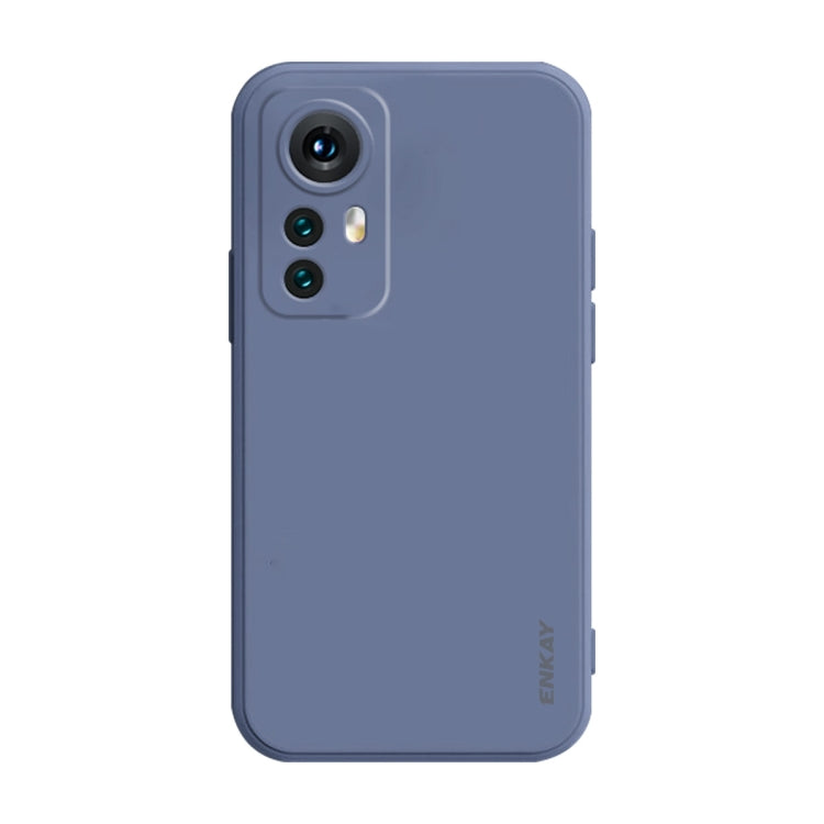 Dark blue ENKAY liquid silicone phone case with camera cutout and raised corners