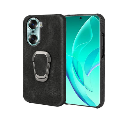 Black PU phone case with ring holder, shown with front screen open for For Honor 60