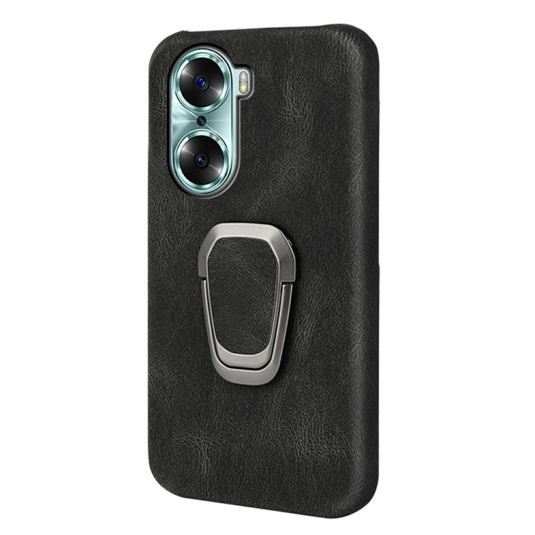 Black PU phone case with ring holder and dual camera cutouts for For Honor 60