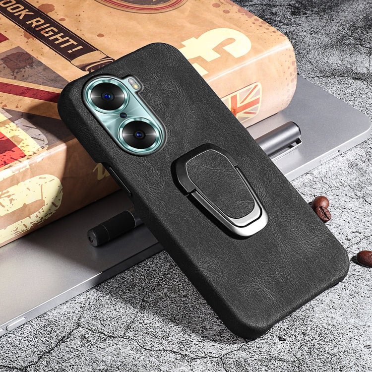 Black PU phone case with ring holder and dual camera cutout for For Honor 60