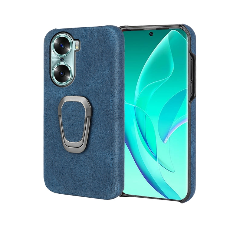 Blue PU phone case with ring holder, shown with front screen open for For Honor 60