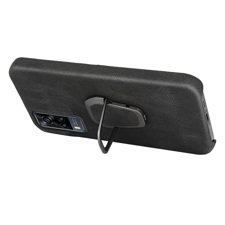 Black PU phone case with ring holder and side openings for ports