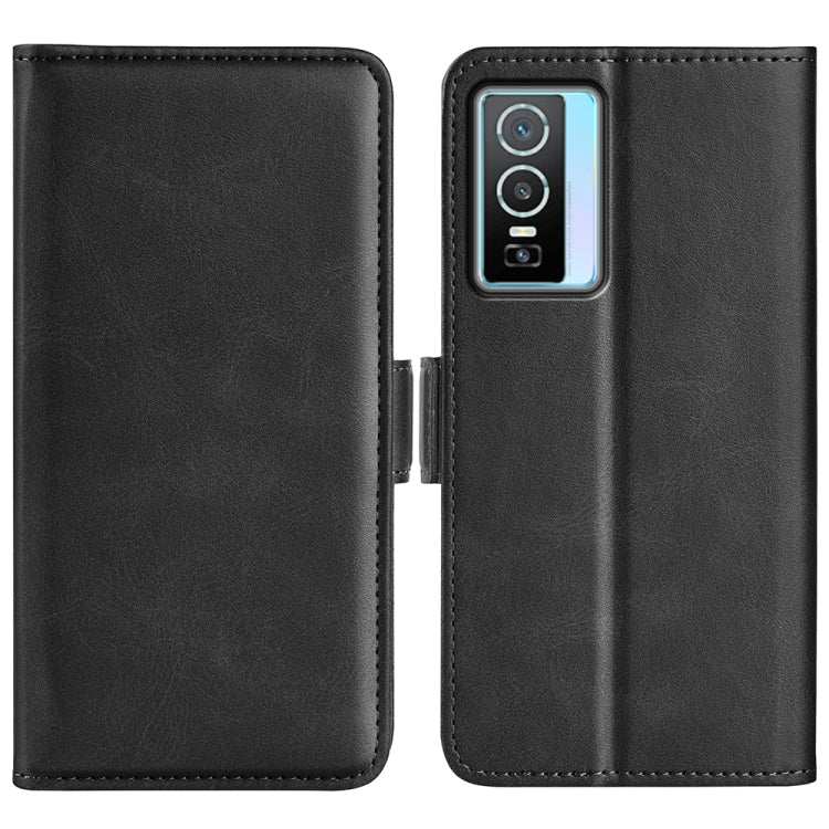 Black leather dual-side magnetic phone case with side strap and camera cutout