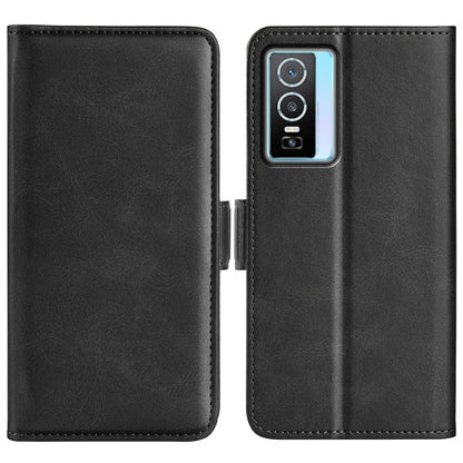 Black leather dual-side magnetic phone case with side strap and camera cutout