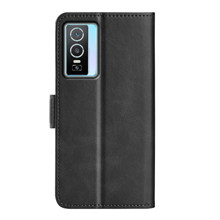 Black leather folio phone case with camera cutout and side magnetic strap