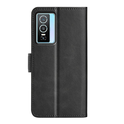 Black leather folio phone case with camera cutout and side magnetic strap