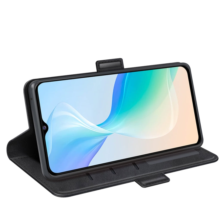 Black leather stand-style flip phone case holding a smartphone on a kickstand
