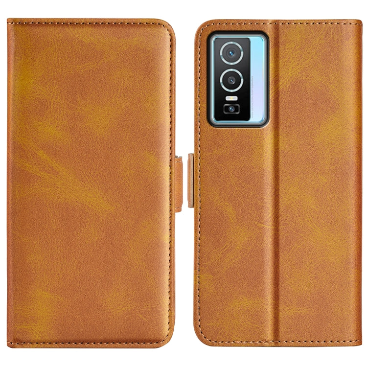 Brown leather dual-side magnetic phone case with camera cutout and stitched trim