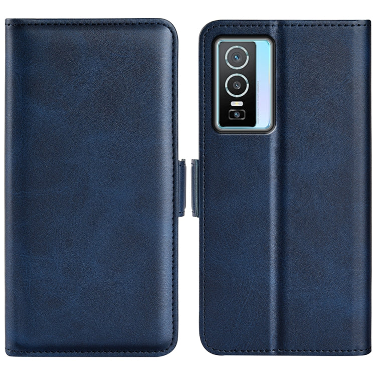 Dark blue leather dual-side magnetic phone case with camera cutout