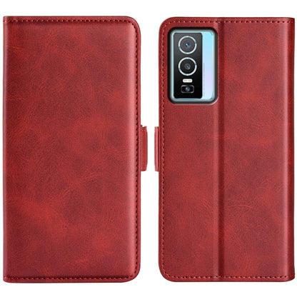 Red leather dual-side magnetic phone case with camera cutout and stitched trim