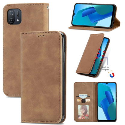 Brown magnetic leather flip phone case with card slot, stand cover, and stitched edges