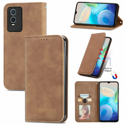 Tan magnetic leather flip phone case with card slot, stand cover, and stitched edges
