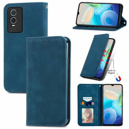 Blue magnetic leather flip phone case with card slot, stand cover, and stitched edges