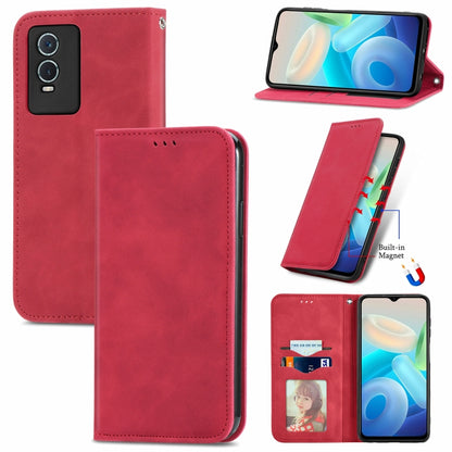 Red magnetic leather flip phone case with card slot, stand cover, and stitched edges