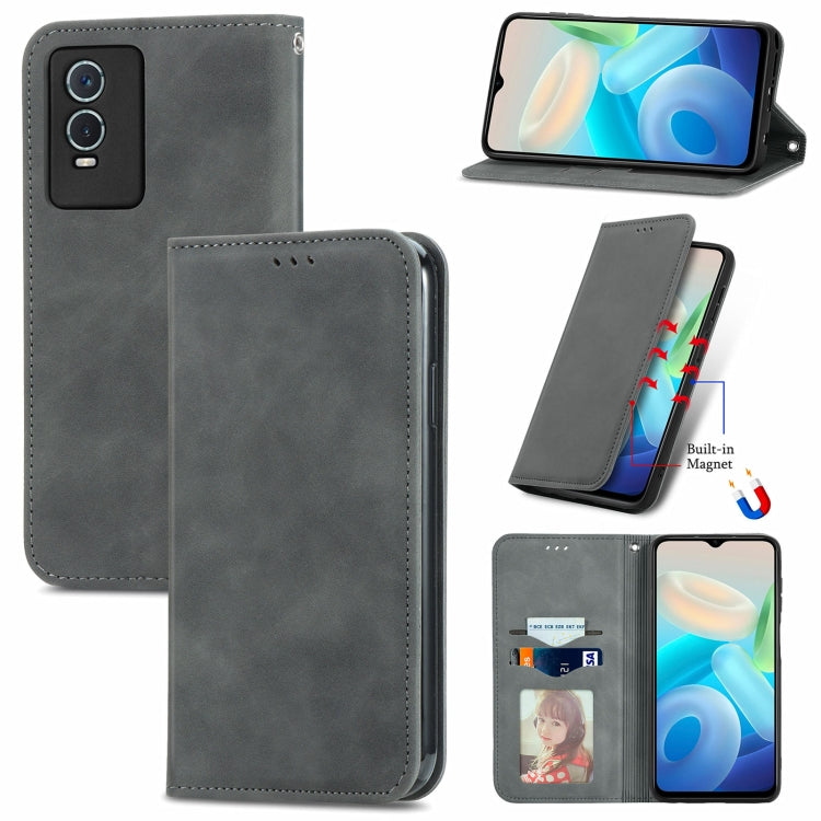 Charcoal gray magnetic leather flip phone case with card slot, stand cover, and stitched edges