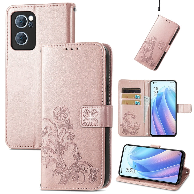 Four-leaf Clasp Embossed Buckle Leather Phone Case, For OPPO A16K, For OPPO Reno7 5G