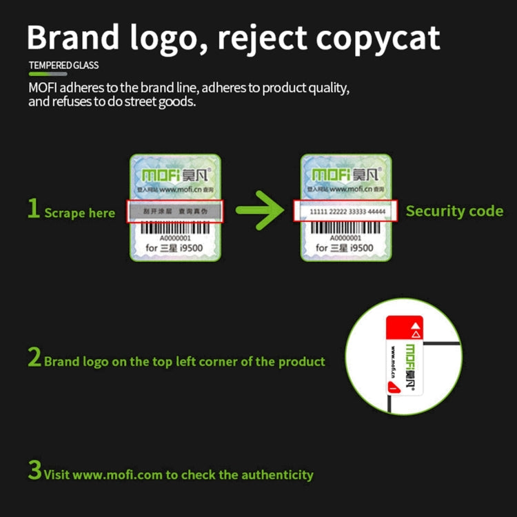 MOFI authenticity security code sticker and installation guide for tempered glass film