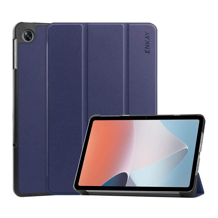 Dark blue tri-fold smart tablet case with ENKAY logo, folding stand and front screen holder