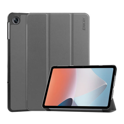 Grey tri-fold smart tablet case with ENKAY logo, folding stand and front screen holder